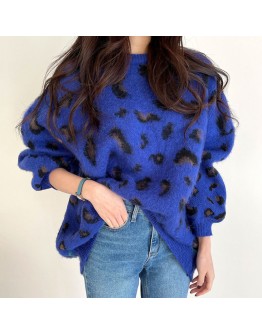 Autumn Winter Women's Mohair Pullovers Long Sleeve Casual Loose Ladies Leopard Print Knitting Tops Warm Oversize Sweaters