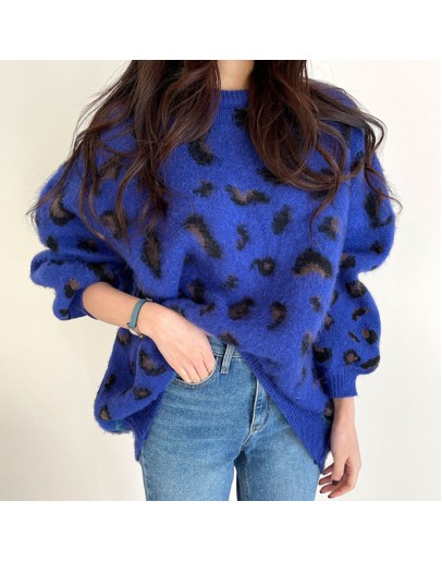 Autumn Winter Women's Mohair Pullovers Long Sleeve Casual Loose Ladies Leopard Print Knitting Tops Warm Oversize Sweaters