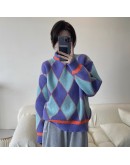 Winter Women's Sweaters Female  Vintage Diamond Long Sleeve O Neck Casual Loose Knitting Pullovers Knitwear Tops