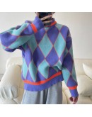 Winter Women's Sweaters Female  Vintage Diamond Long Sleeve O Neck Casual Loose Knitting Pullovers Knitwear Tops