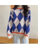 Winter Women's Sweaters Female  Vintage Diamond Long Sleeve O Neck Casual Loose Knitting Pullovers Knitwear Tops