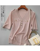 Summer Women T-shirt Knitted Short Sleeves Elegant V-neck Pullovers Jumper Sweaters Chic Buttons  Knit T Shirt Tops