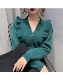 Autumn Sweet Ruffles Female Cardigan Knitted Women Sweater Cropped Cardigans Short Tops V Neck  Outerwear Japanese style