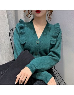 Autumn Sweet Ruffles Female Cardigan Knitted Women Sweater Cropped Cardigans Short Tops V Neck  Outerwear Japanese style