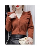 Autumn Sweet Ruffles Female Cardigan Knitted Women Sweater Cropped Cardigans Short Tops V Neck  Outerwear Japanese style