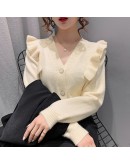 Autumn Sweet Ruffles Female Cardigan Knitted Women Sweater Cropped Cardigans Short Tops V Neck  Outerwear Japanese style