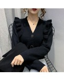 Autumn Sweet Ruffles Female Cardigan Knitted Women Sweater Cropped Cardigans Short Tops V Neck  Outerwear Japanese style