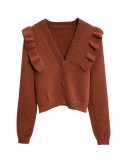 Autumn Sweet Ruffles Female Cardigan Knitted Women Sweater Cropped Cardigans Short Tops V Neck  Outerwear Japanese style