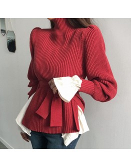 Autumn Winter  Style Turtleneck Pullover Sweater Women Slim Waist Lace Up Red Pink Knitted Cropped Jumpers  Clothes