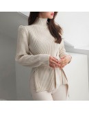 Autumn Winter  Style Turtleneck Pullover Sweater Women Slim Waist Lace Up Red Pink Knitted Cropped Jumpers  Clothes