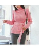 Autumn Winter  Style Turtleneck Pullover Sweater Women Slim Waist Lace Up Red Pink Knitted Cropped Jumpers  Clothes