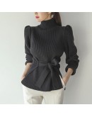 Autumn Winter  Style Turtleneck Pullover Sweater Women Slim Waist Lace Up Red Pink Knitted Cropped Jumpers  Clothes