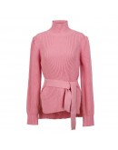 Autumn Winter  Style Turtleneck Pullover Sweater Women Slim Waist Lace Up Red Pink Knitted Cropped Jumpers  Clothes