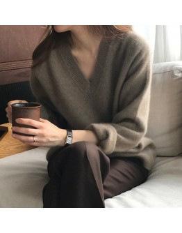 V-Neck Soft Elegant Autumn Fluffy Sweater Women's Lazy Oaf Loose Outerwear Pullover Jumpers Lady Vintage Crop Tops Knitwear