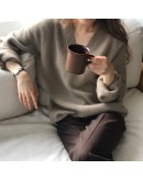 V-Neck Soft Elegant Autumn Fluffy Sweater Women's Lazy Oaf Loose Outerwear Pullover Jumpers Lady Vintage Crop Tops Knitwear