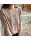 Summer Women T-shirt Knitted Short Sleeves Elegant V-neck Pullovers Jumper Sweaters Chic Buttons  Knit T Shirt Tops