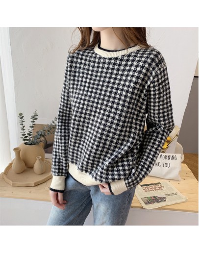  Fall Houndstooth Sweater for Women Winter Warm Knitted Pullover Loose Oversize Aesthetic Fluffy Crop Top Outerwear Coat