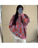  jacquard round neck pullover sweater women's fall/winter  loose lazy style flower knit sweaters harajuku jumper