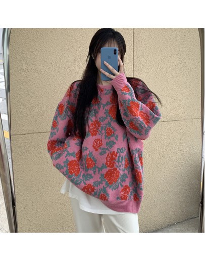  jacquard round neck pullover sweater women's fall/winter  loose lazy style flower knit sweaters harajuku jumper