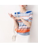 Summer Rainbow Stripe Ice Silk Knit Tops Women O Neck Aesthetic Tees Loose T Shirt Short Sleeve Mujer Camisetas Hit Color Crop