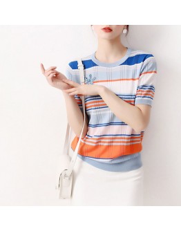 Summer Rainbow Stripe Ice Silk Knit Tops Women O Neck Aesthetic Tees Loose T Shirt Short Sleeve Mujer Camisetas Hit Color Crop