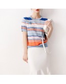 Summer Rainbow Stripe Ice Silk Knit Tops Women O Neck Aesthetic Tees Loose T Shirt Short Sleeve Mujer Camisetas Hit Color Crop