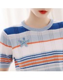 Summer Rainbow Stripe Ice Silk Knit Tops Women O Neck Aesthetic Tees Loose T Shirt Short Sleeve Mujer Camisetas Hit Color Crop