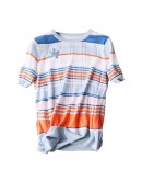 Summer Rainbow Stripe Ice Silk Knit Tops Women O Neck Aesthetic Tees Loose T Shirt Short Sleeve Mujer Camisetas Hit Color Crop