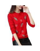  Autumn Embroidered Beading Pullovers Sweater Women Feather Snowflakes Soft Sweaters O-Neck Loose Knit Pullover Tops Shirt