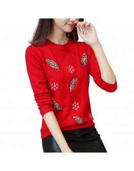  Autumn Embroidered Beading Pullovers Sweater Women Feather Snowflakes Soft Sweaters O-Neck Loose Knit Pullover Tops Shirt