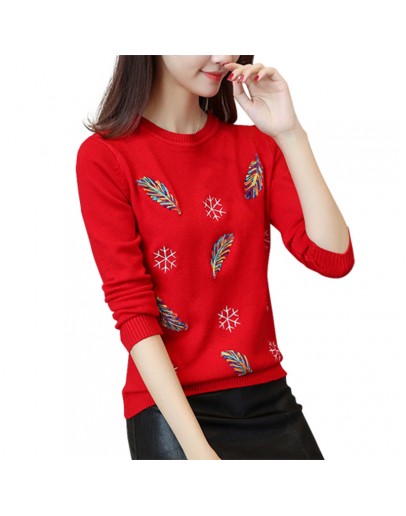  Autumn Embroidered Beading Pullovers Sweater Women Feather Snowflakes Soft Sweaters O-Neck Loose Knit Pullover Tops Shirt