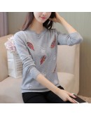  Autumn Embroidered Beading Pullovers Sweater Women Feather Snowflakes Soft Sweaters O-Neck Loose Knit Pullover Tops Shirt