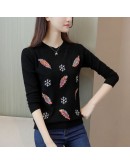  Autumn Embroidered Beading Pullovers Sweater Women Feather Snowflakes Soft Sweaters O-Neck Loose Knit Pullover Tops Shirt