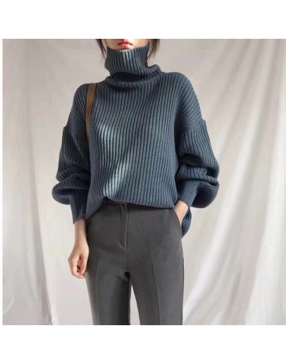  Chic Turtleneck Knitted Sweater Women Autumn Winter Loose Lazy Oaf Fluffy Pullovers  Solid Color Warm Femme Tops