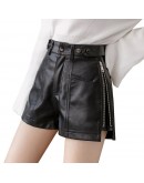 Black Shorts Women PU Faux Leather Shorts Autumn Winter High Waist Woman Shorts Wide Leg Short Pants Side Zipper Women's Shorts