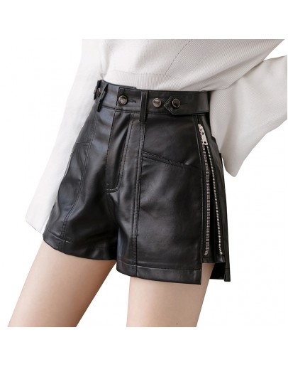 Black Shorts Women PU Faux Leather Shorts Autumn Winter High Waist Woman Shorts Wide Leg Short Pants Side Zipper Women's Shorts