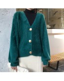 Autumn Winter Imitation Mink Cardigan Women   V-Neck Loose Cute Sweater Soft Pink Green Jumper Knitwear Coat