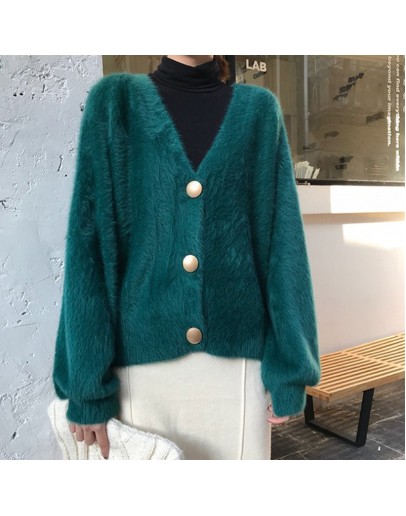 Autumn Winter Imitation Mink Cardigan Women   V-Neck Loose Cute Sweater Soft Pink Green Jumper Knitwear Coat