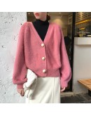 Autumn Winter Imitation Mink Cardigan Women   V-Neck Loose Cute Sweater Soft Pink Green Jumper Knitwear Coat