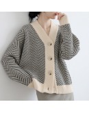 Autumn V-Neck Vintage Knitted Cardigan Women Spring Elegant Striped Loose Outerwear Cropped Sweater Soft Aesthetic Cardigans