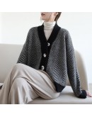 Autumn V-Neck Vintage Knitted Cardigan Women Spring Elegant Striped Loose Outerwear Cropped Sweater Soft Aesthetic Cardigans