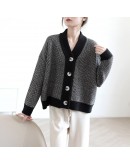 Autumn V-Neck Vintage Knitted Cardigan Women Spring Elegant Striped Loose Outerwear Cropped Sweater Soft Aesthetic Cardigans