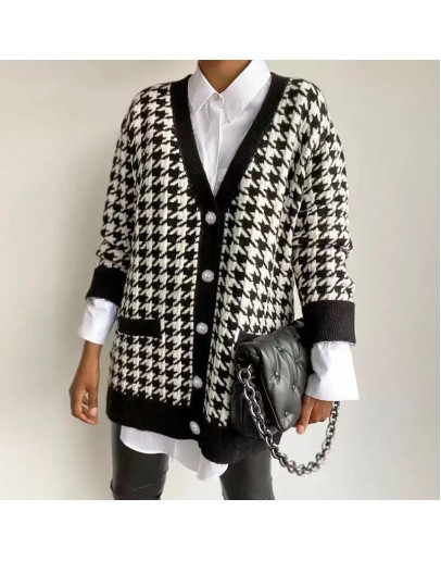  Autumn Winter Houndstooth Knitted Cardigan Women's Loose V-Neck Cropped Top Sweater Oversize Mid Length Outerwear Coat