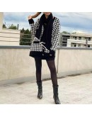  Autumn Winter Houndstooth Knitted Cardigan Women's Loose V-Neck Cropped Top Sweater Oversize Mid Length Outerwear Coat