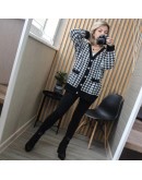  Autumn Winter Houndstooth Knitted Cardigan Women's Loose V-Neck Cropped Top Sweater Oversize Mid Length Outerwear Coat