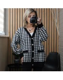  Autumn Winter Houndstooth Knitted Cardigan Women's Loose V-Neck Cropped Top Sweater Oversize Mid Length Outerwear Coat