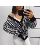  Autumn Winter Houndstooth Knitted Cardigan Women's Loose V-Neck Cropped Top Sweater Oversize Mid Length Outerwear Coat