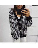  Autumn Winter Houndstooth Knitted Cardigan Women's Loose V-Neck Cropped Top Sweater Oversize Mid Length Outerwear Coat