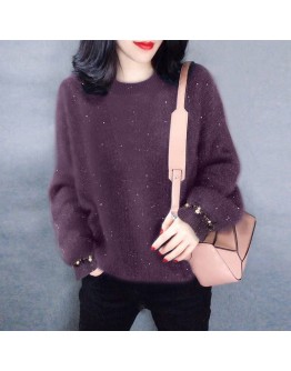  Fall Fluffy Sweater Women  Winter Warm Beading Pull over Cropped Jumpers Loose Knitted Jumper Black Clothes