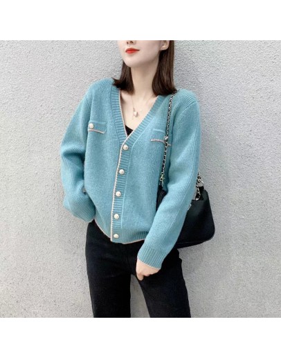 Autumn Women Knitted Cardigan Single Breasted Retro Long Sleeve  Knitwear Casual Loose Cropped Sweater Female Red Blue